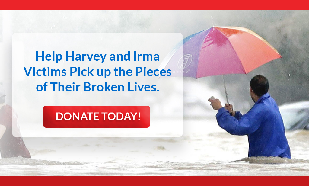 hurricane harvey and irma banner ad - give now!