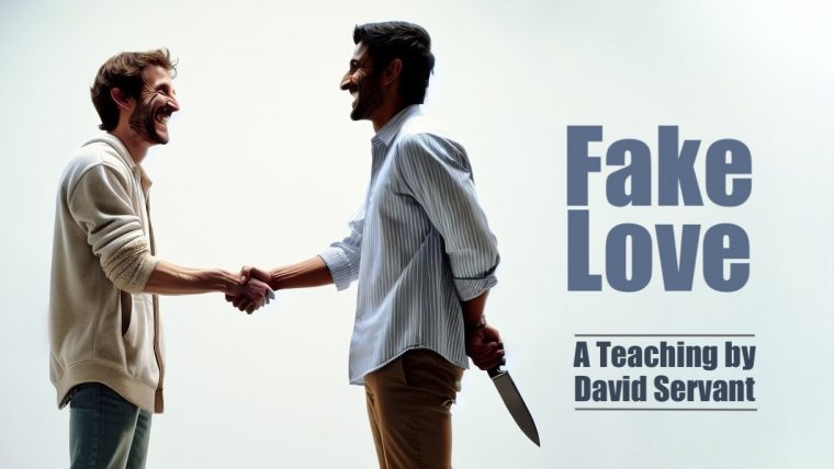 Indoor photo of two men facing each other, shaking hands, and smiling at each other. one of the men is holding and hiding a big knife behind his back. background is completely white.
